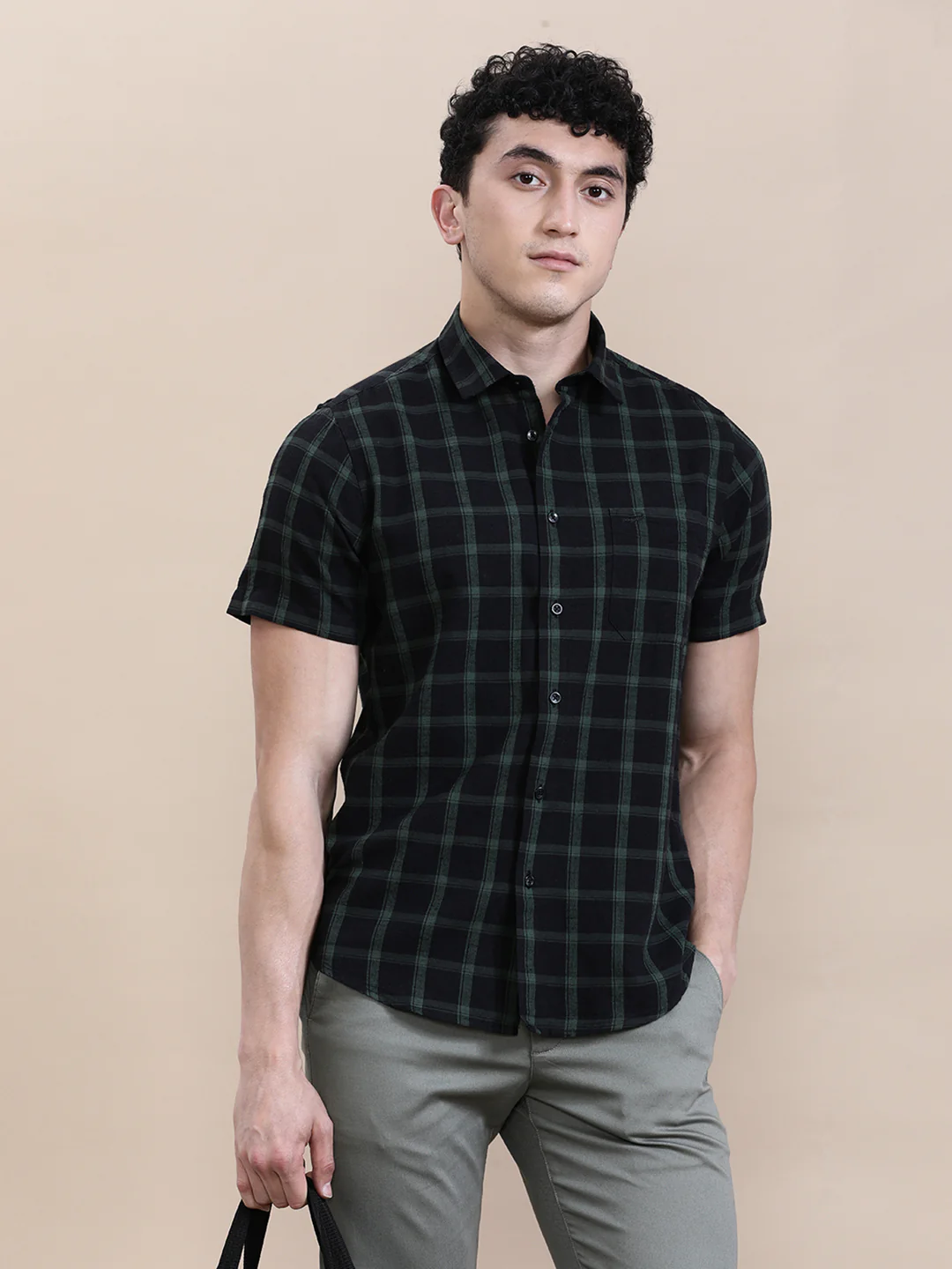 Linen Blend Black Checked Half Sleeve Shirt
