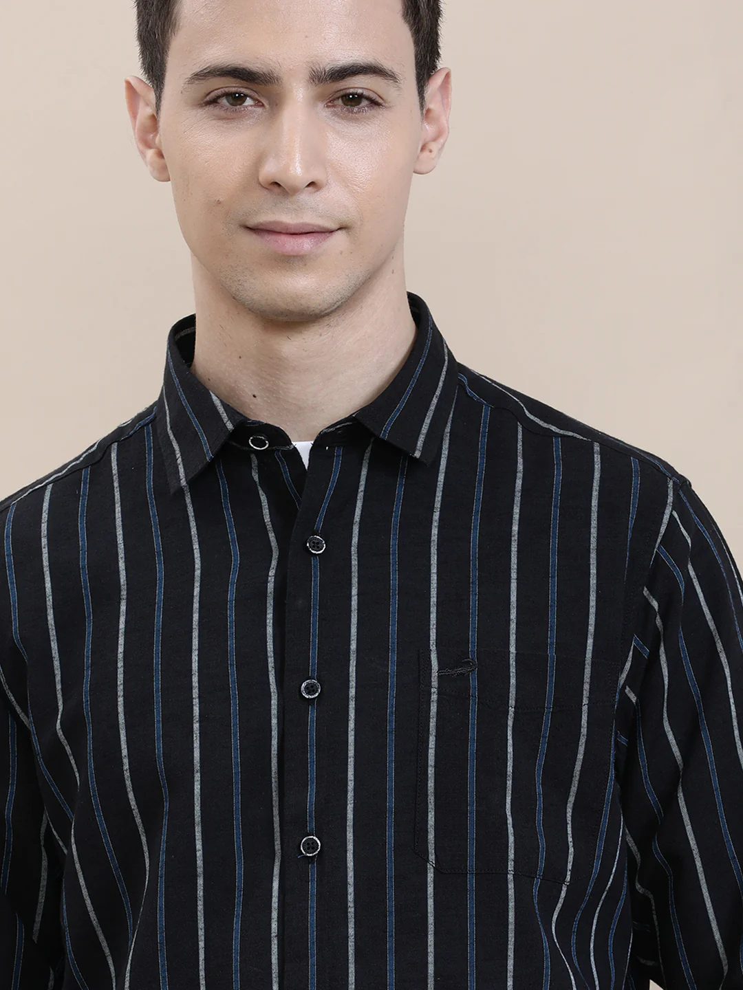 Linen Blend Striped Full Sleeve Shirt Black