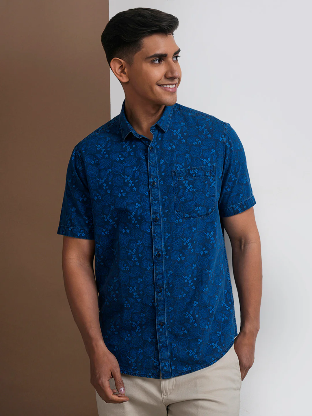 Washed Indigo Botanical Print Shirt