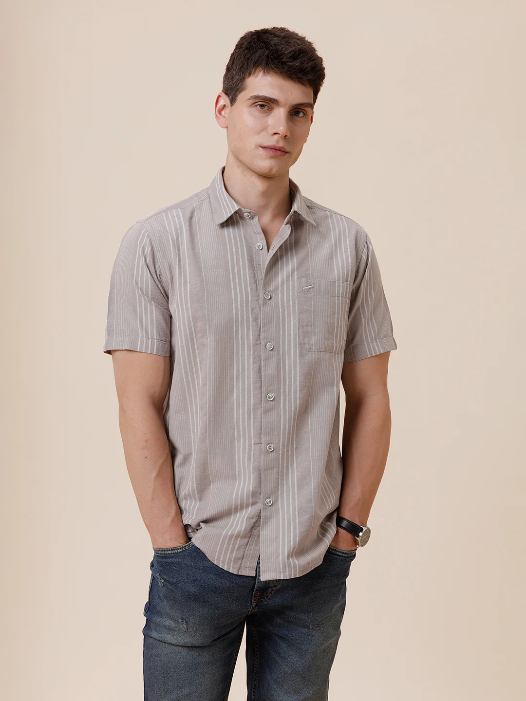 Cotton Textured Stripe Beige Shirt