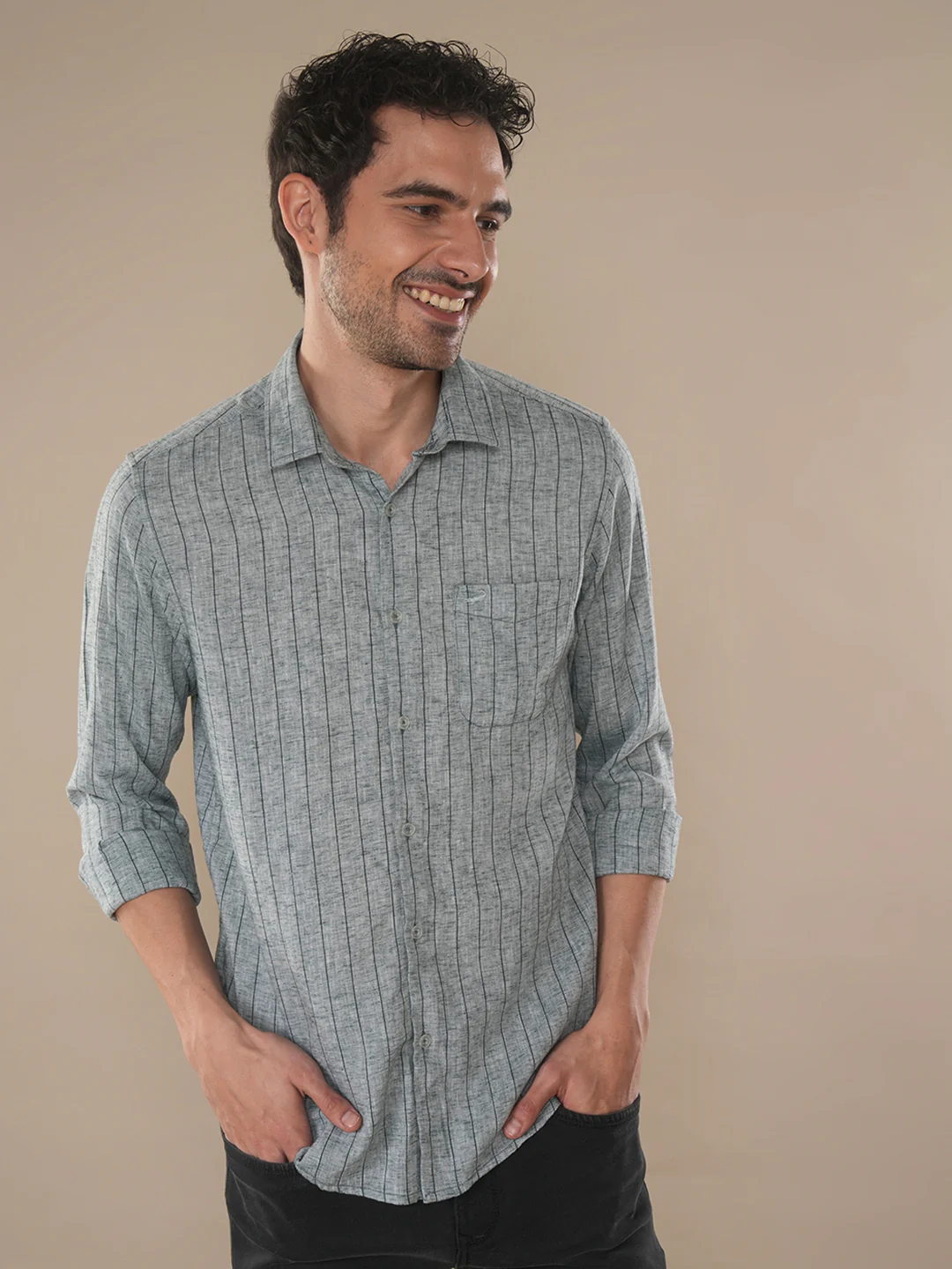 Linen Blend Stripe Shirt Green