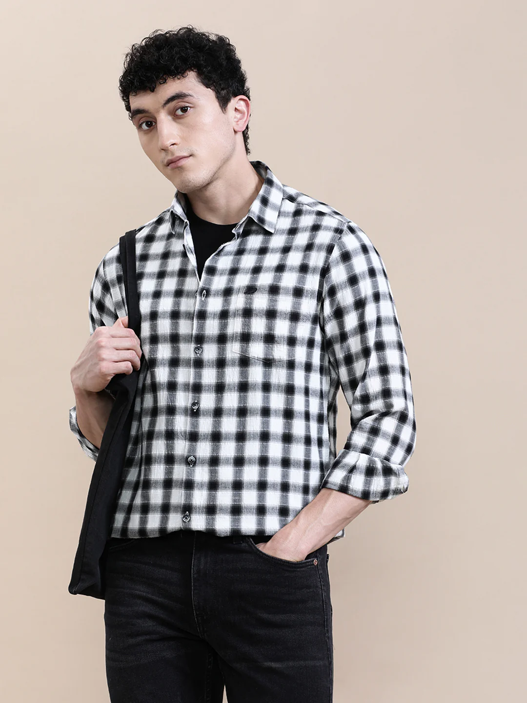 Crinkled Effect Checked Full Sleeve Shirt
