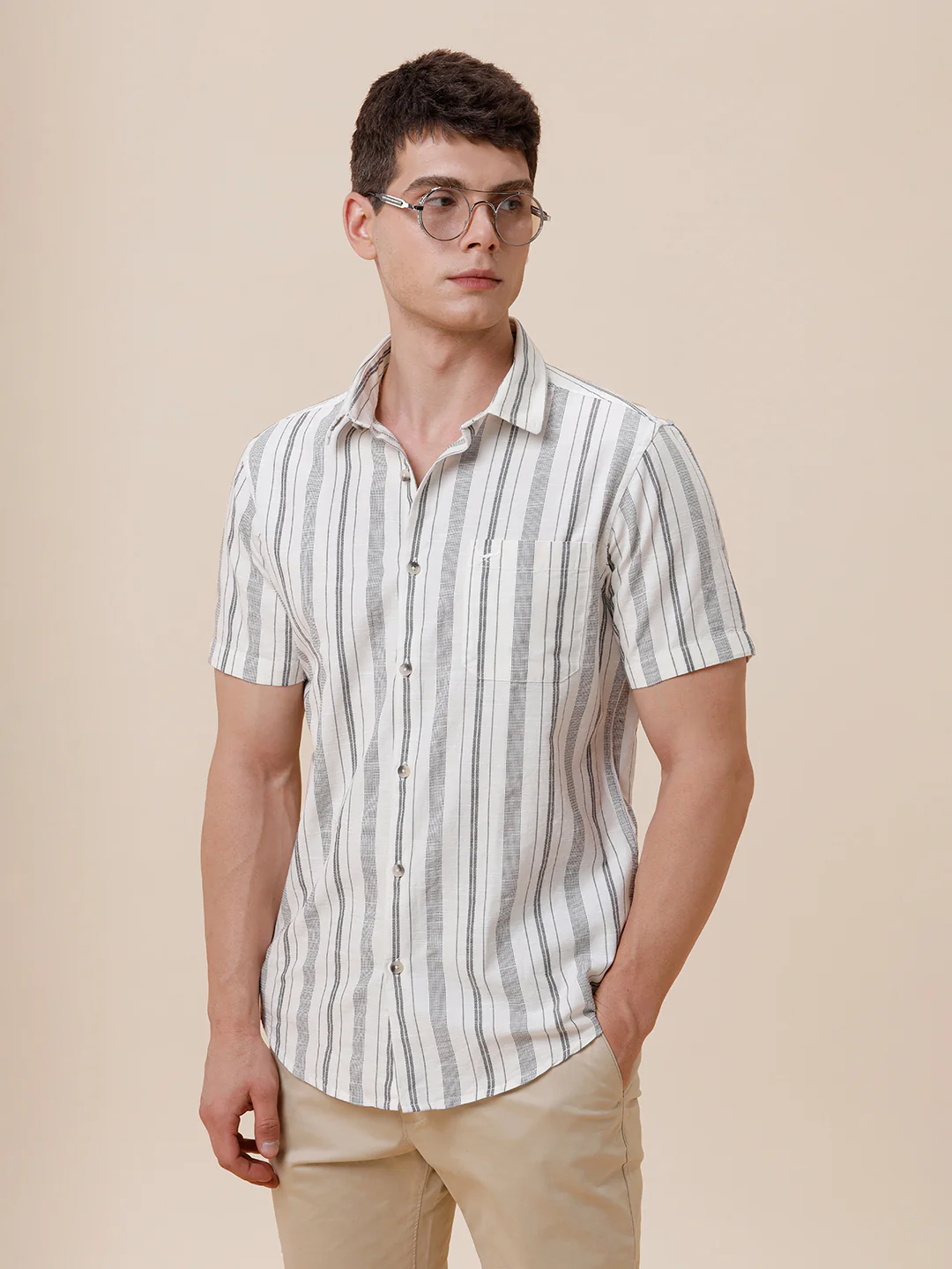 Cotton Textured Stripe Cream Shirt
