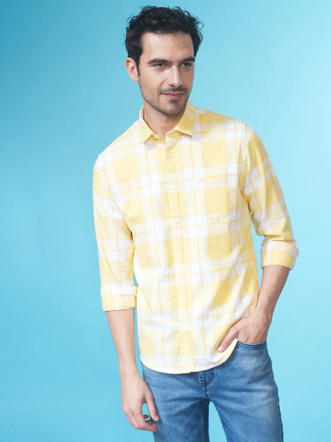 Cotton Uneven Look Check Shirt Yellow