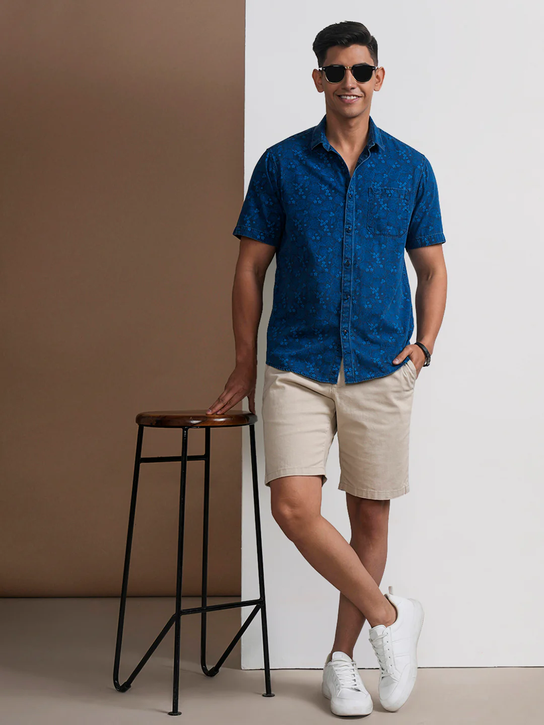 Washed Indigo Botanical Print Shirt