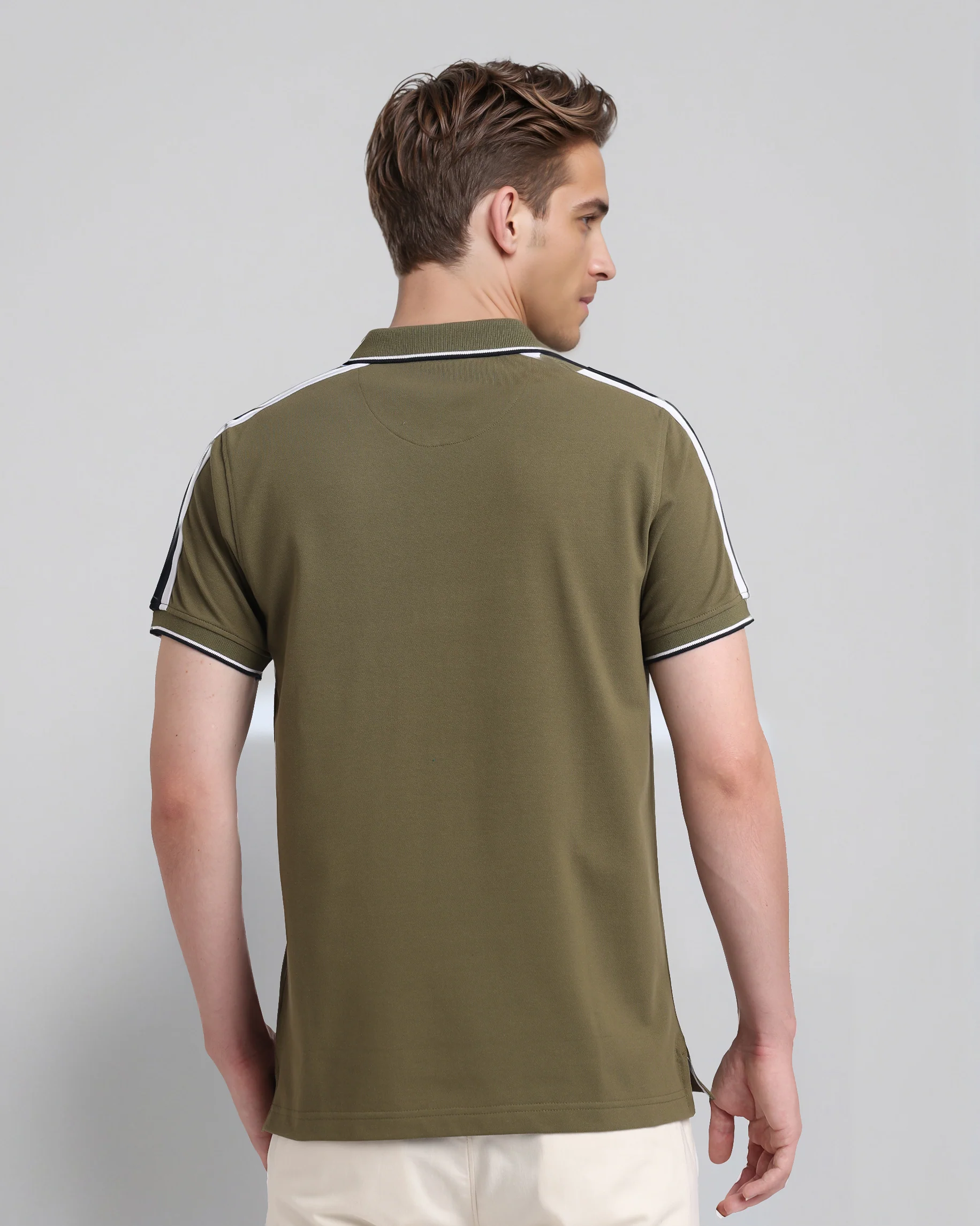 Trendy Stretch Zipper Polo with Tape in Olive