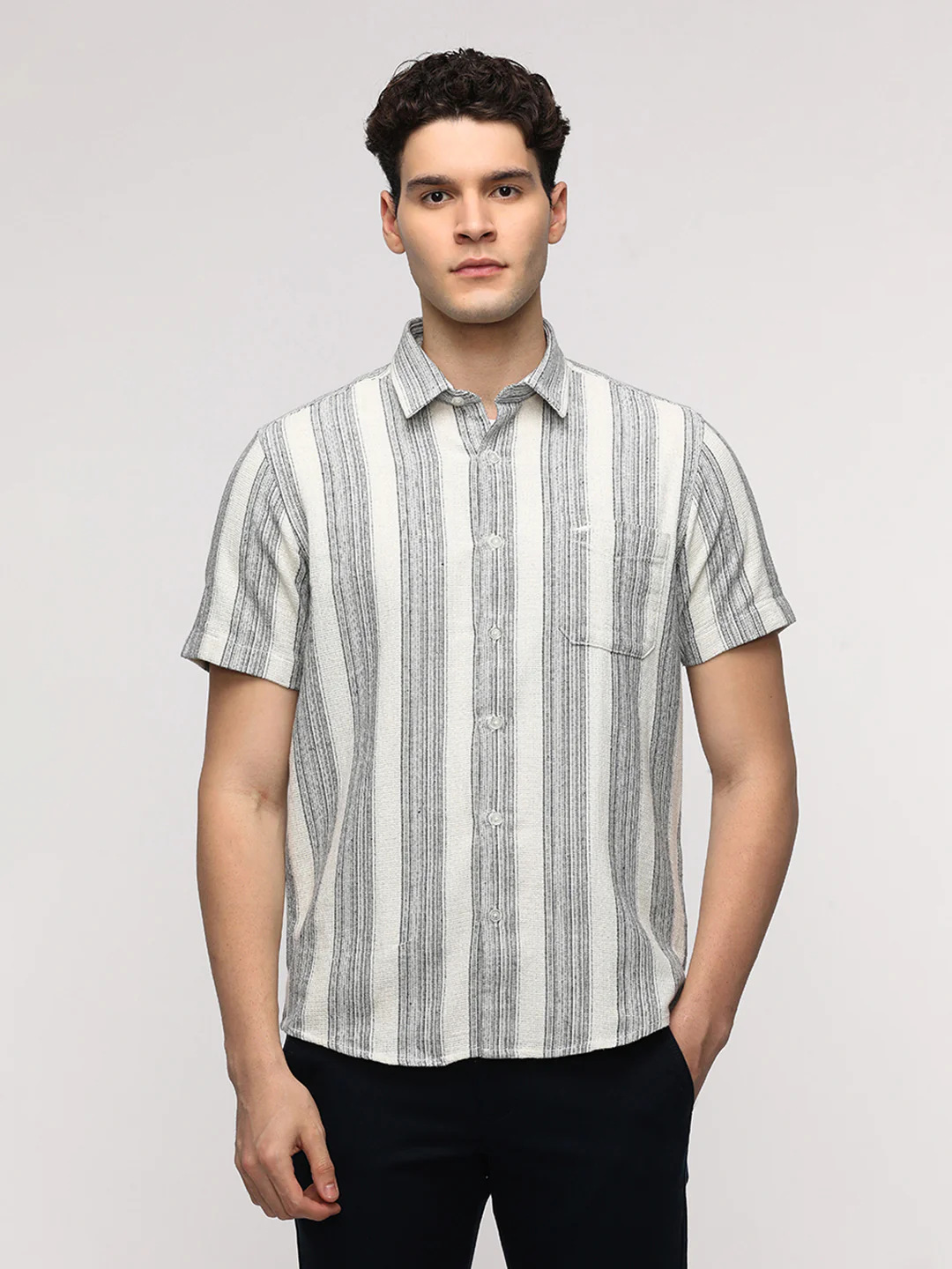 Half Sleeve White And Grey Striped Shirt for Elegant Style