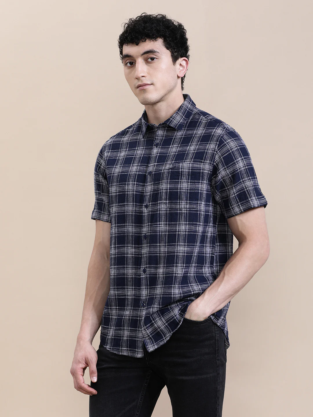 Cotton Textured Checked Half Sleeve Shirt Navy