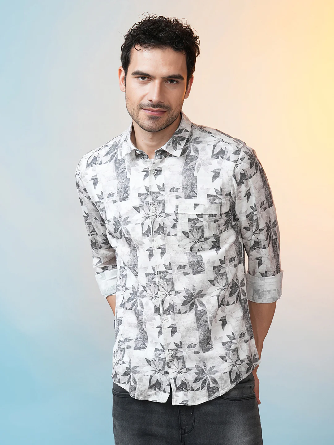 Linen Blend Abstract Leaf Print Shirt Grey