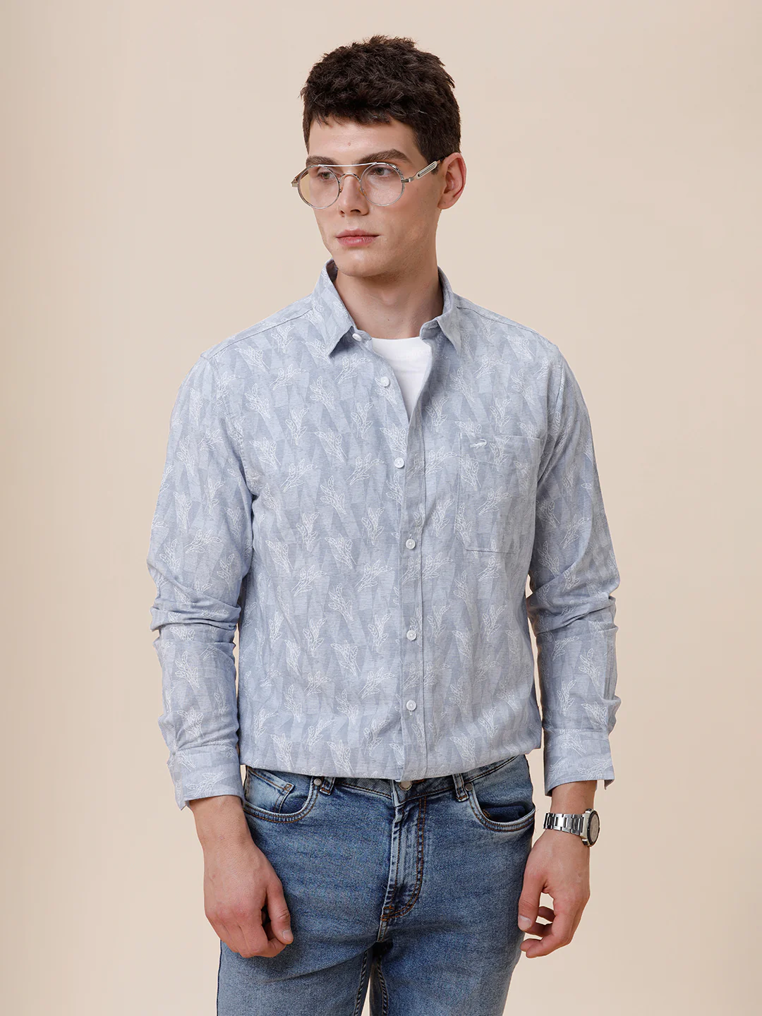 Cotton Printed Textured Grey Shirt