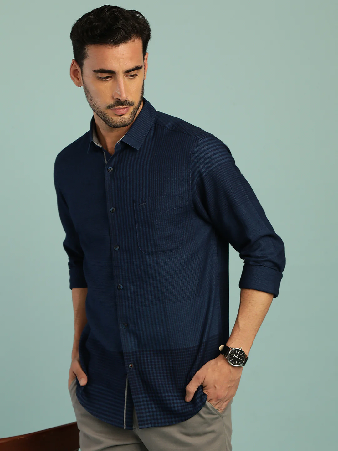 Checked Navy Full Sleeve Casual 100% Cotton Shirt