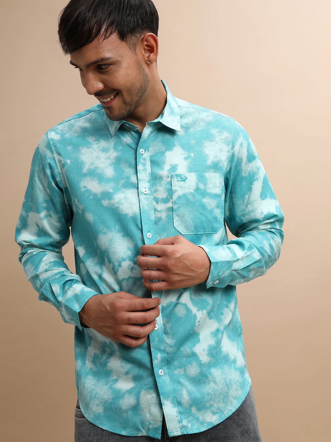 Aqua Blue Printed Full Sleeve 100% Cotton Shirt