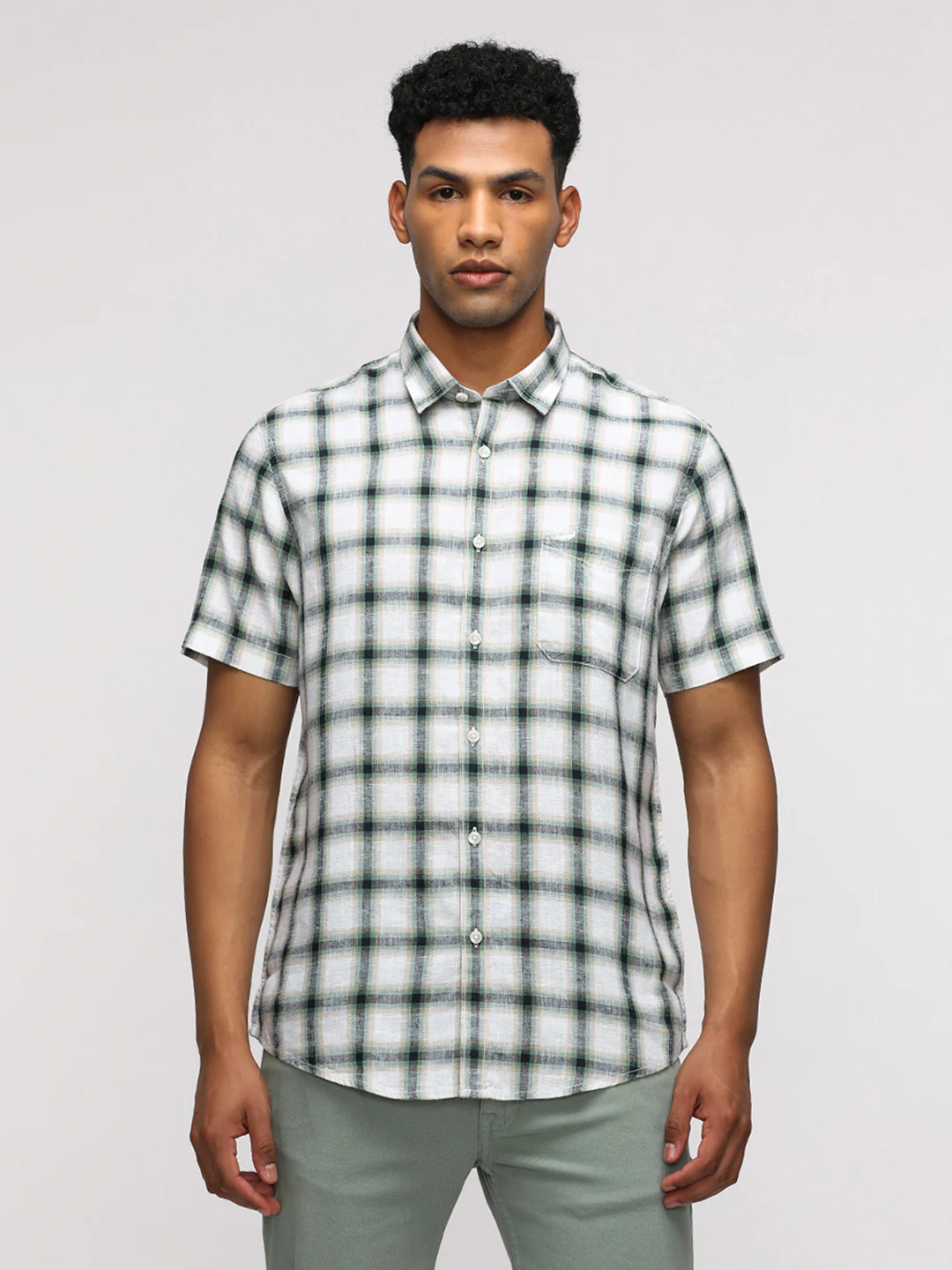 Half Sleeve Green Checked Shirt for Casual Elegance