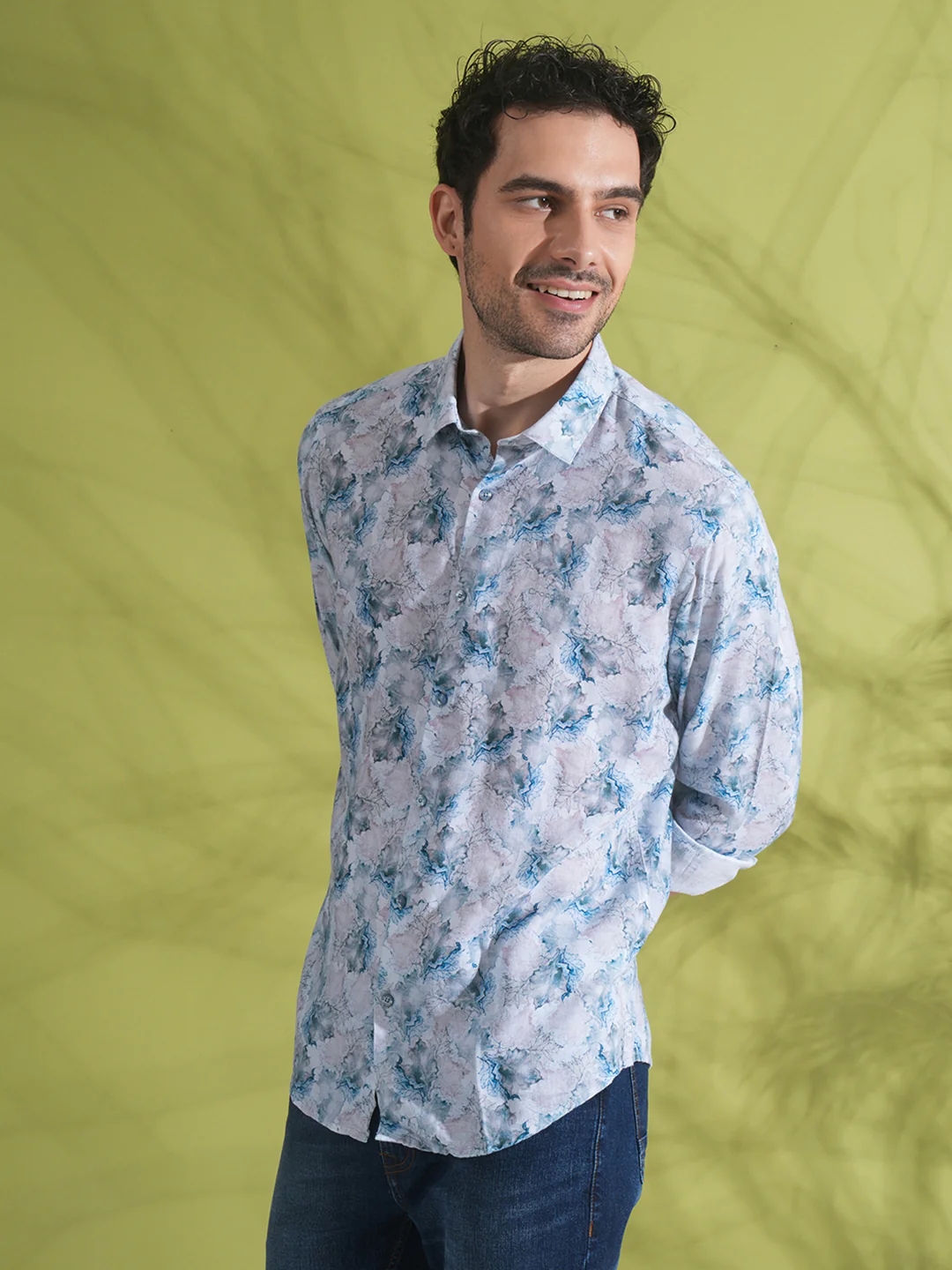 Linen Blend Abstract Dry Leaf Print Shirt Grey
