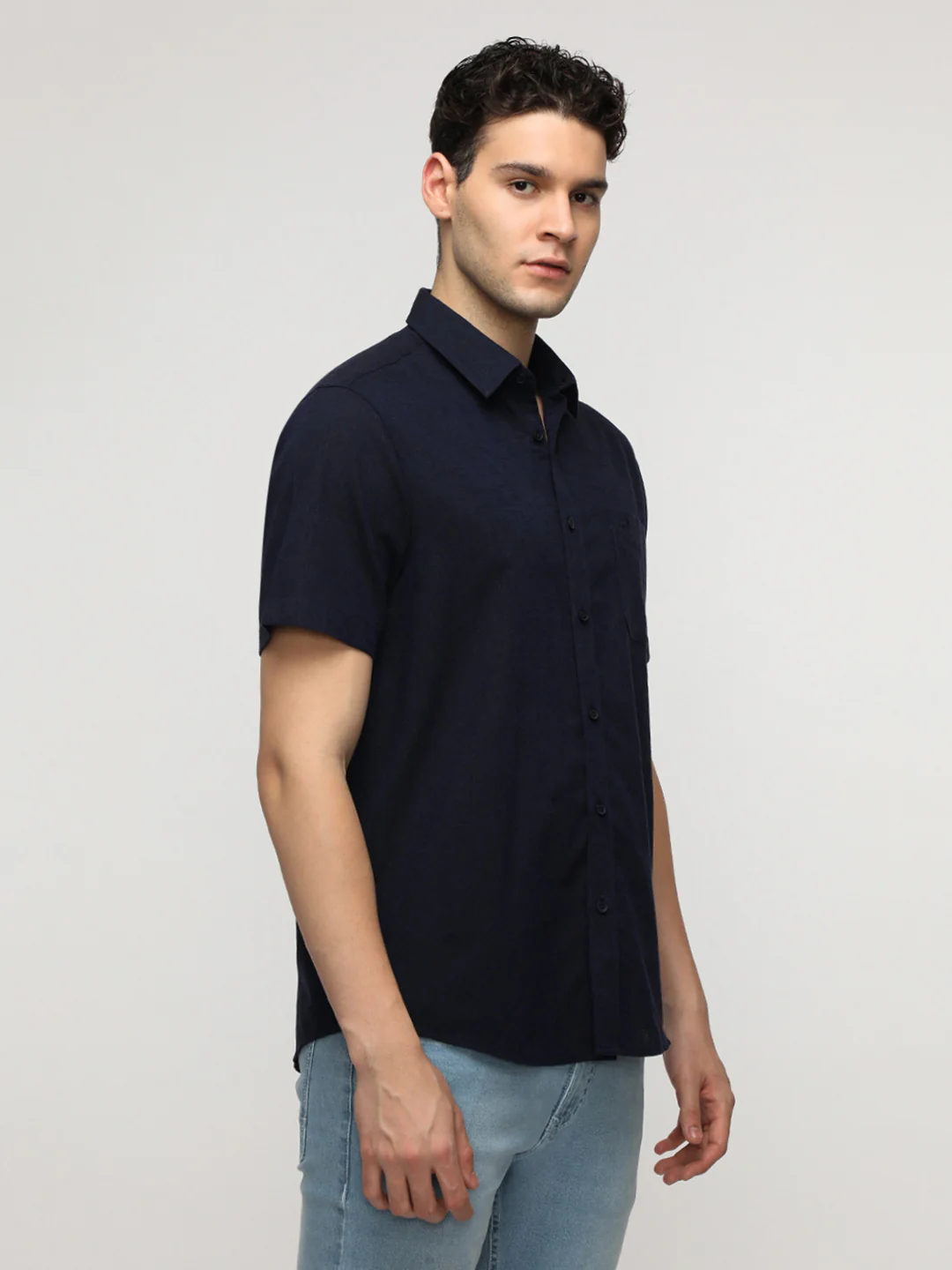 Deep Navy Linen Blend Plain Shirt