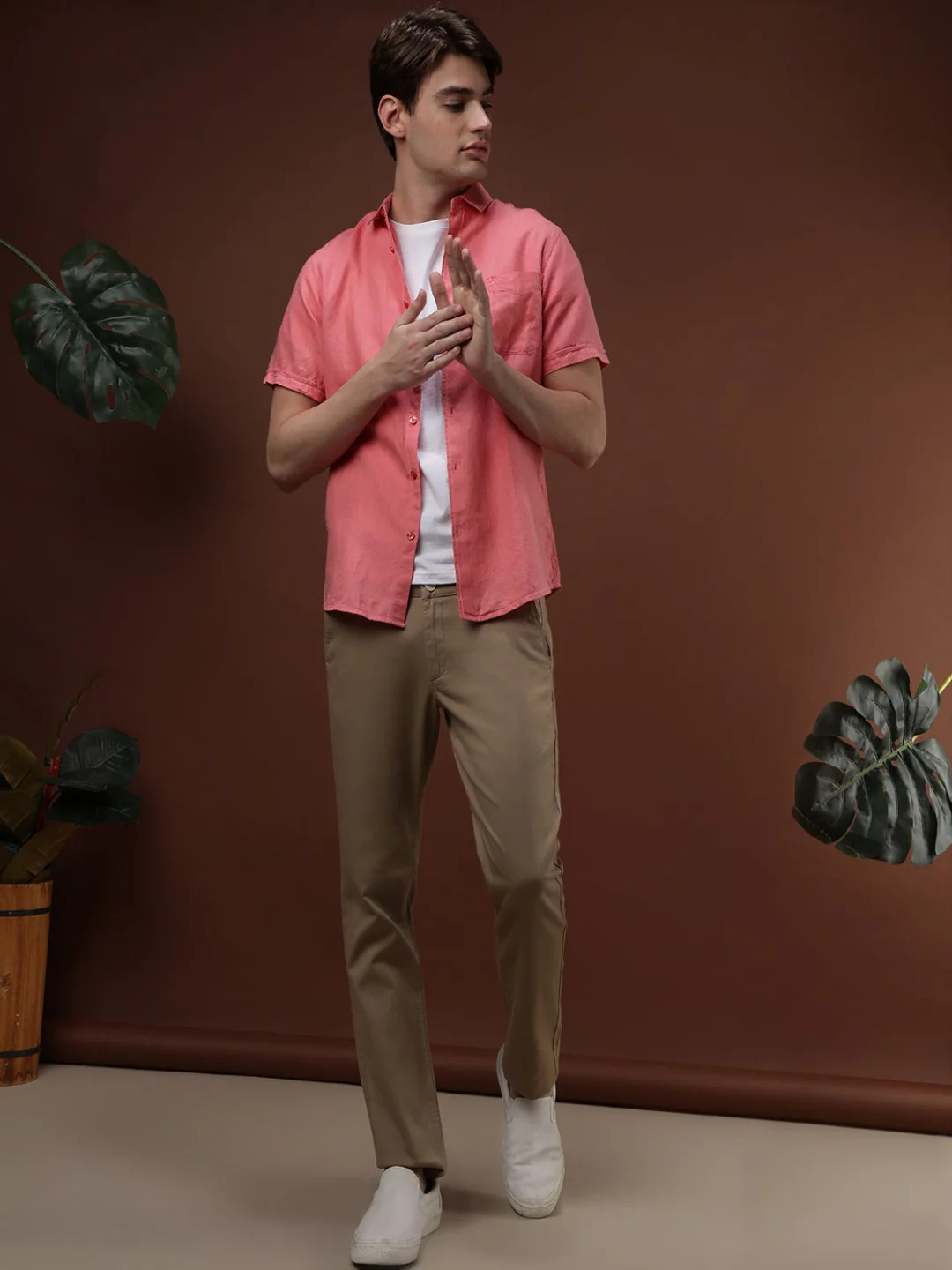 Mineral Red Solid Half Sleeve Linen Shirt