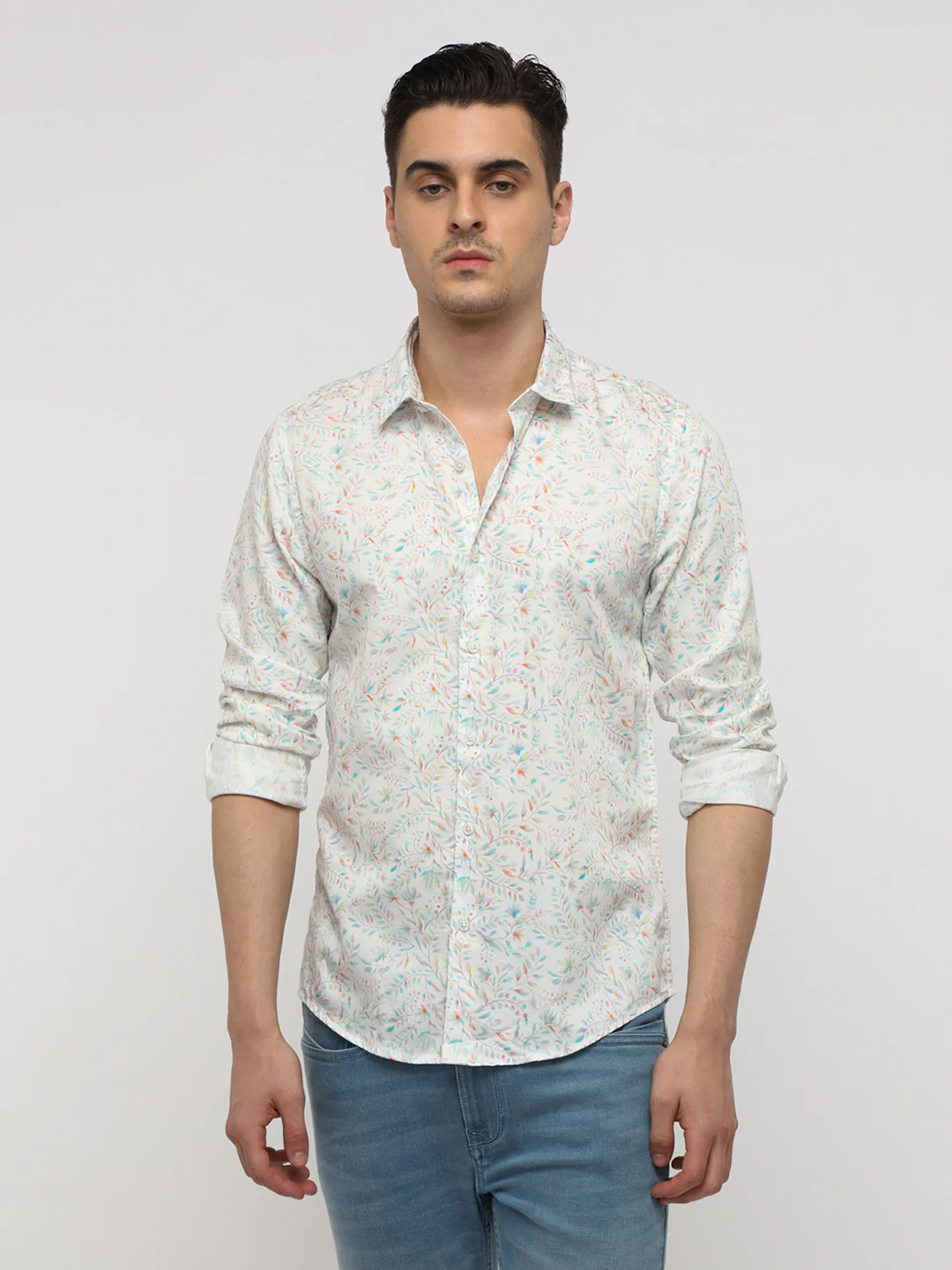 White Floral Printed Satin Shirt