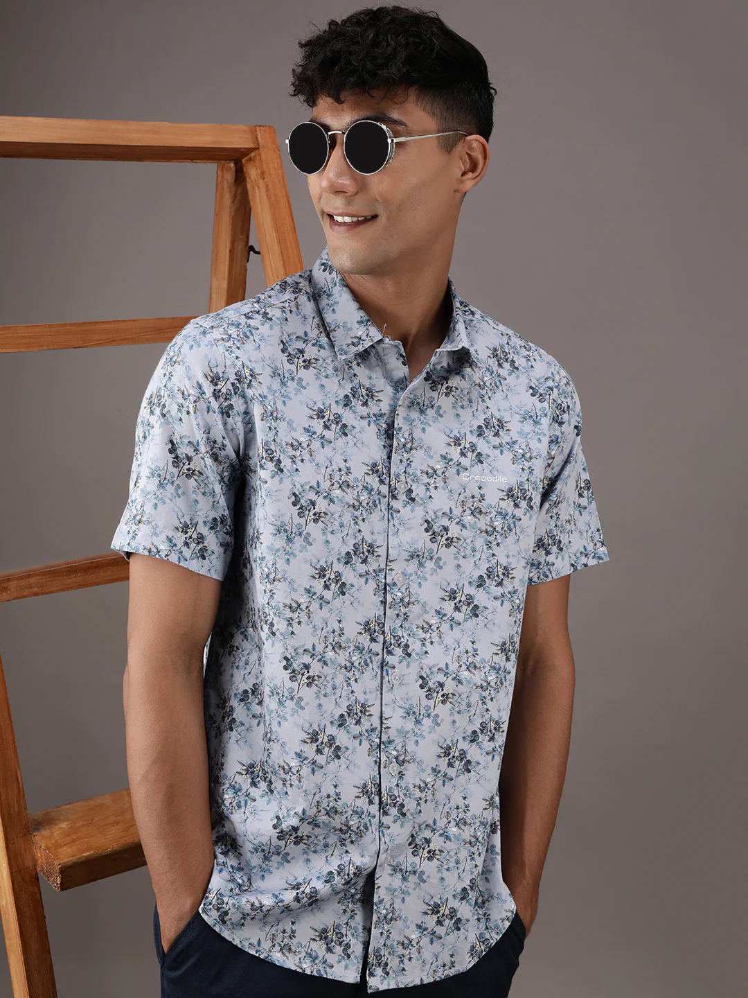 Grey Printed Half Sleeve 100% Cotton Casual Shirt