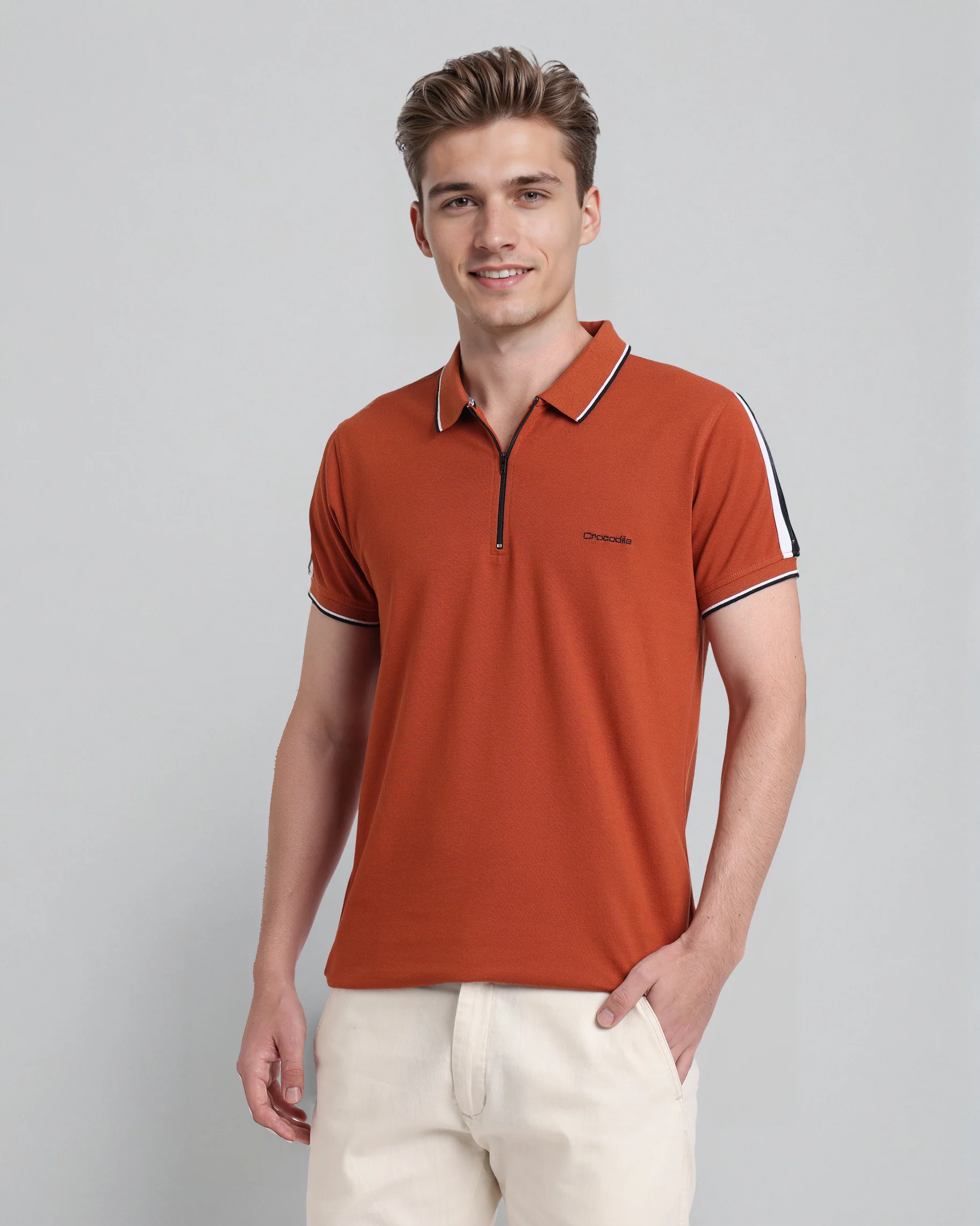 Trendy Stretch Zipper Polo with Tape in Brown