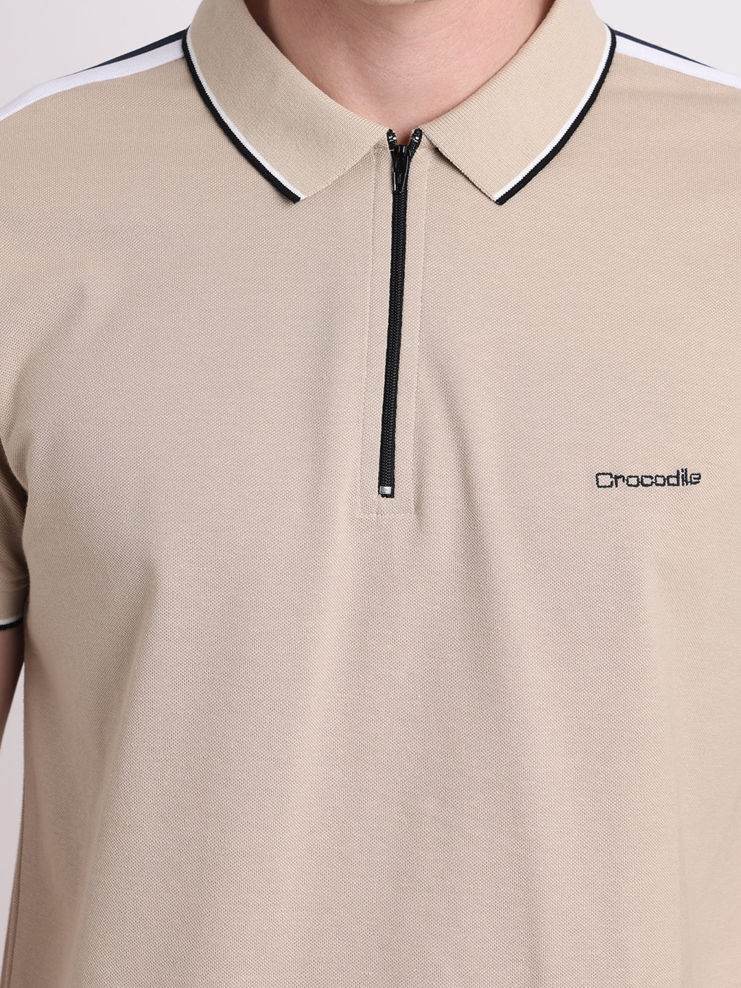 Trendy Stretch Zipper Polo with Tape in Oatmeal