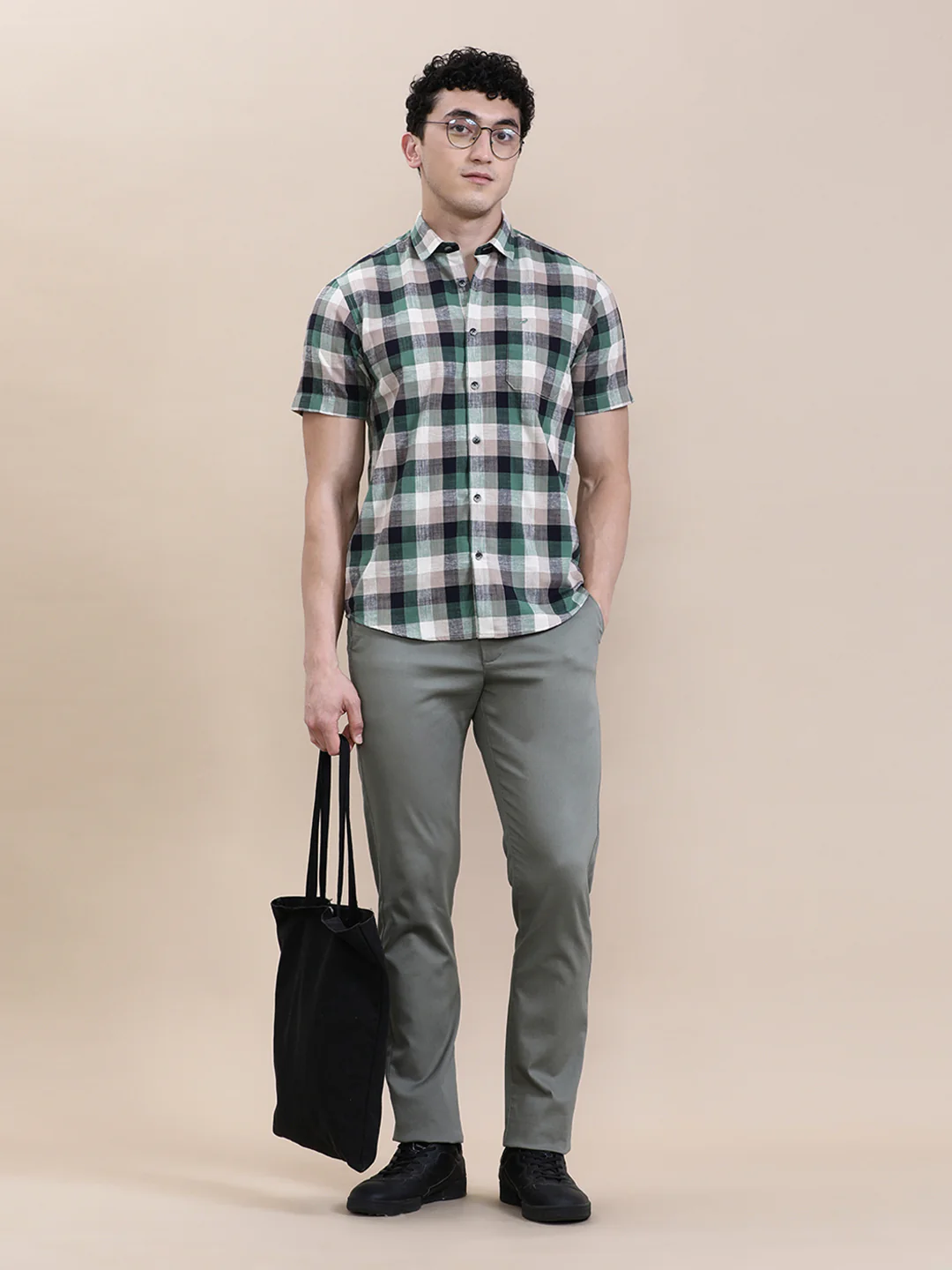 Casual Green Checkered Half Sleeve Shirt