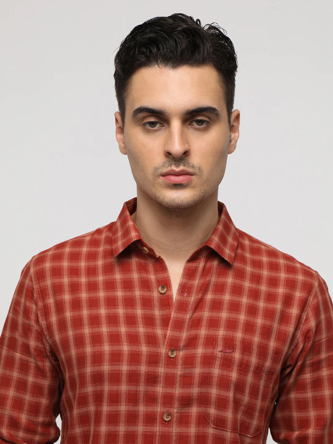 Brick Red Cotton Plaid Shirt