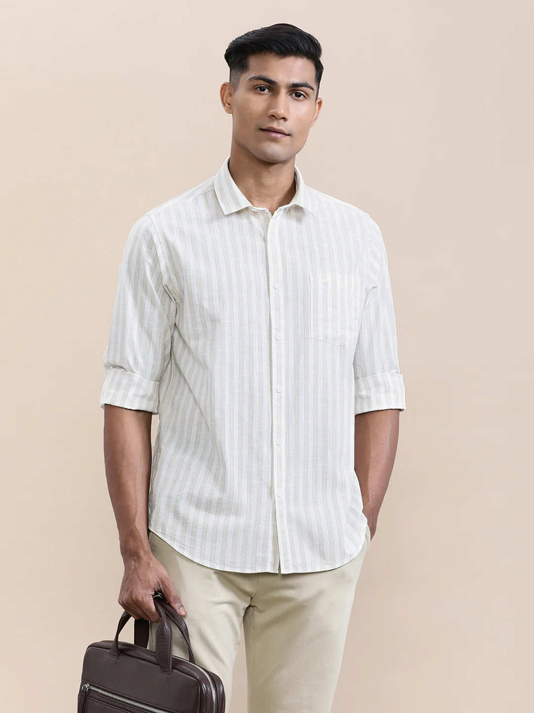 Stripe Textured Comfort Fit Shirt Beige