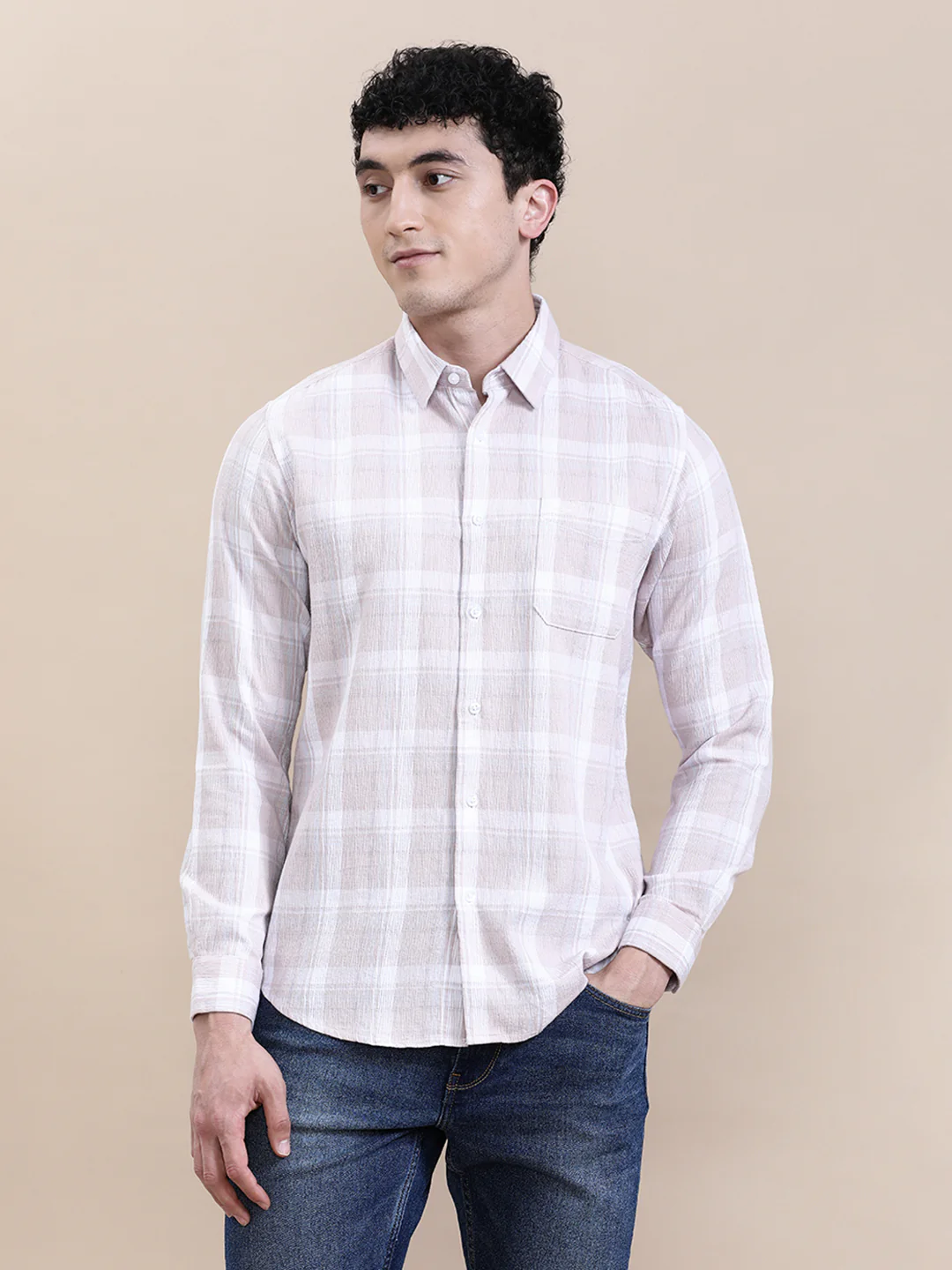 Textured Pink Checkered Comfort Fit Shirt