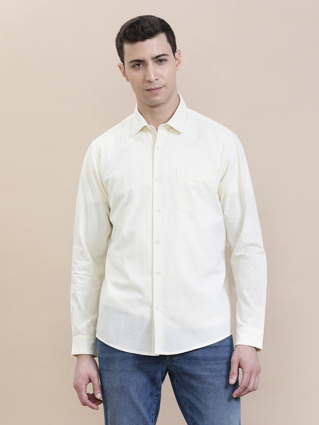 Crinkle Textured Pin Stripe Yellow Shirt