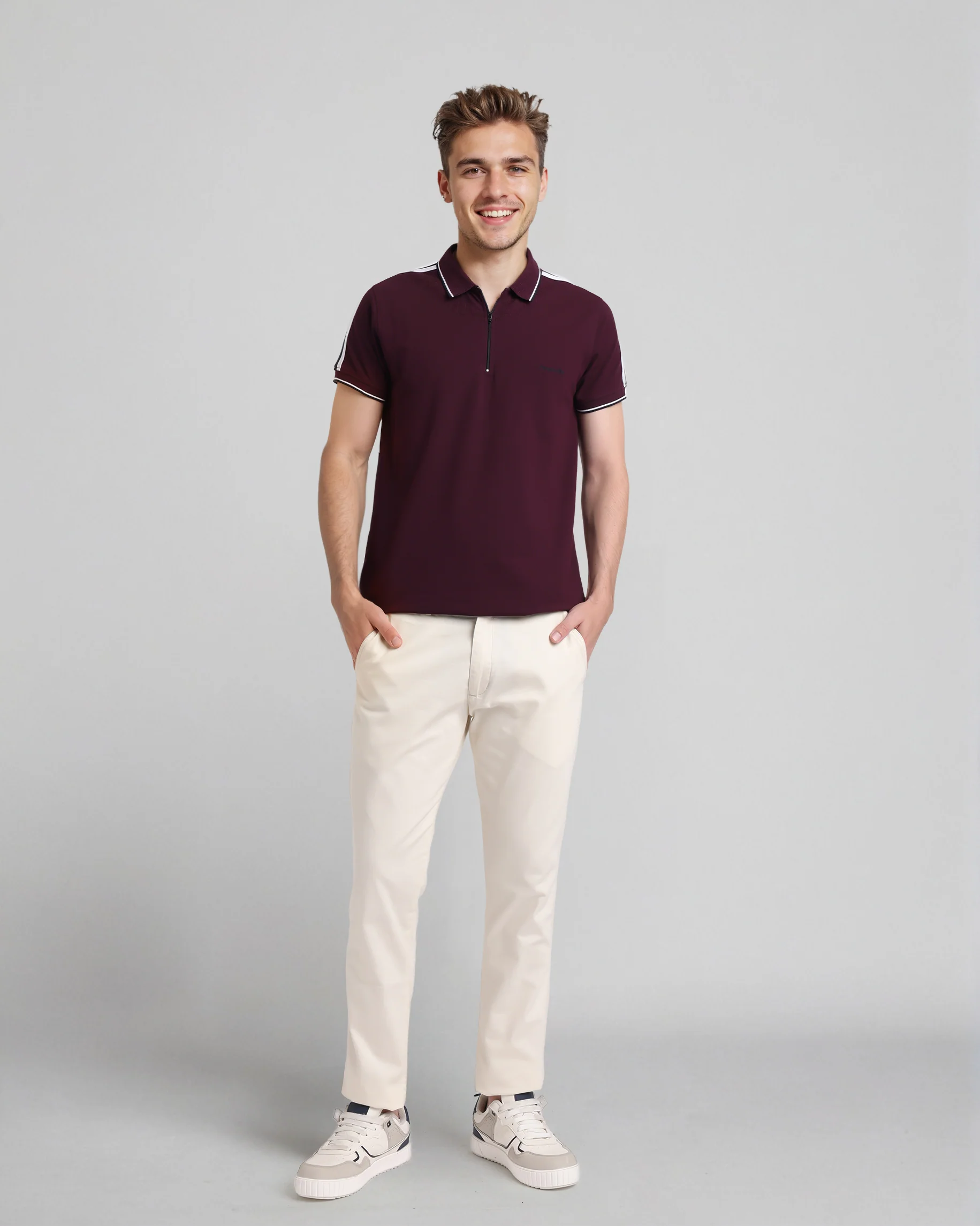 Trendy Stretch Zipper Polo with Tape in Grape wine