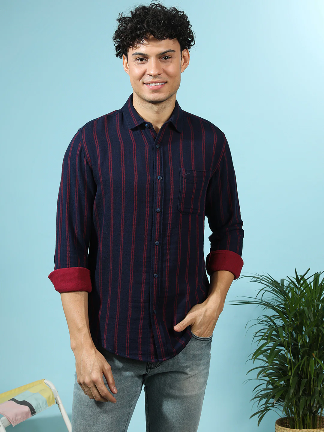 Double Fabric Striped Shirt Navy