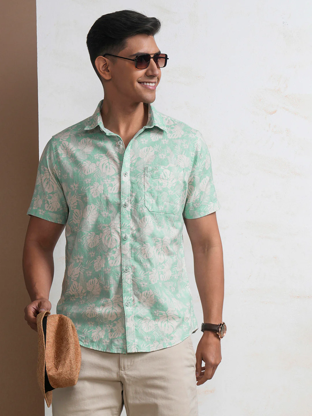 Botanical Stencil Print Shirt Green