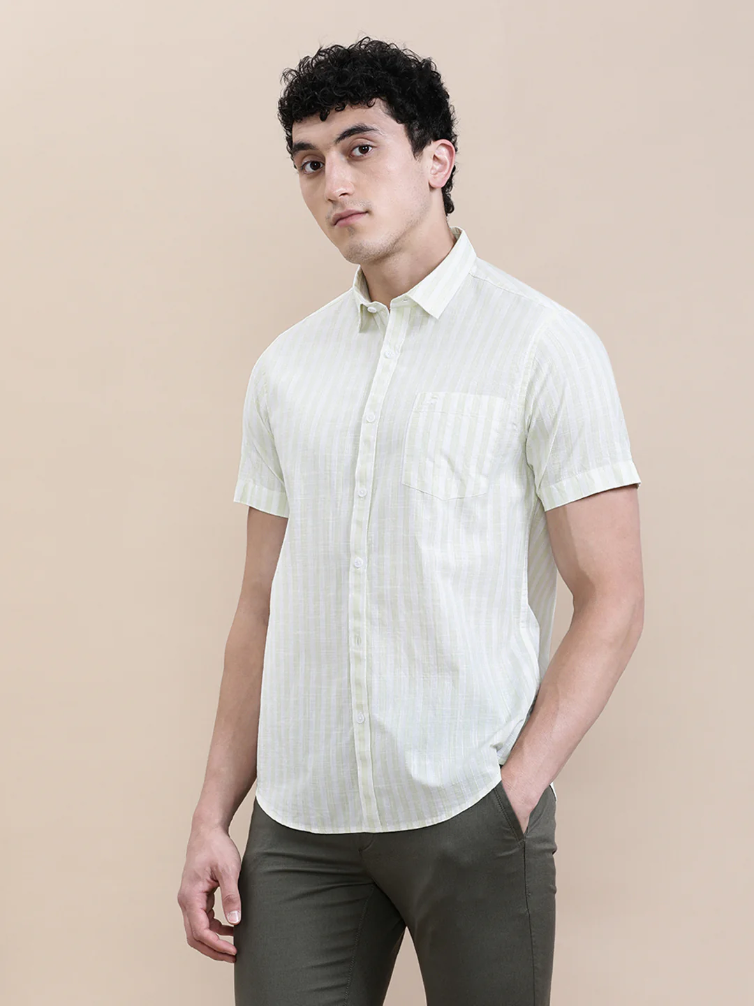 Stripe Textured Comfort Fit Green Shirt
