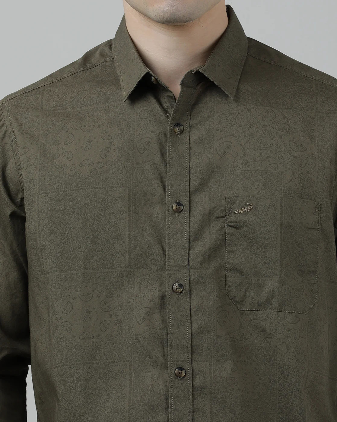 Olive Green Printed Casual Full Sleeve 100% Cotton Shirt