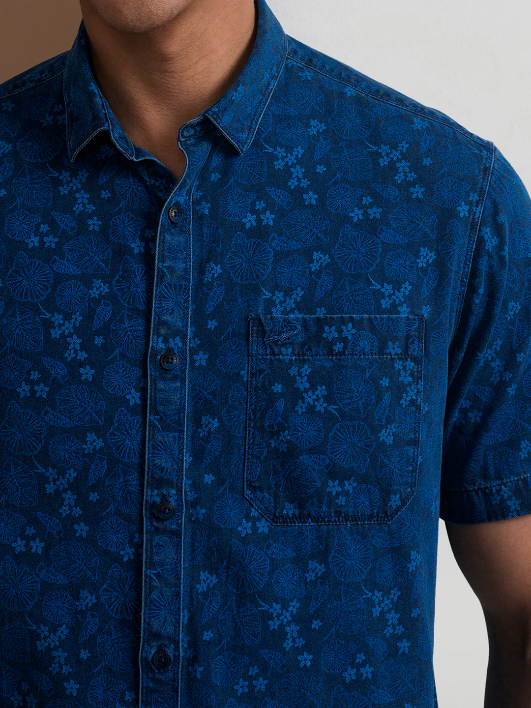 Washed Indigo Botanical Print Shirt