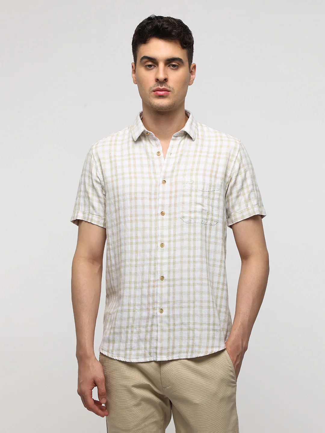 White Comfort Fit Checkered Natural Plaid Linen Blend Shirt