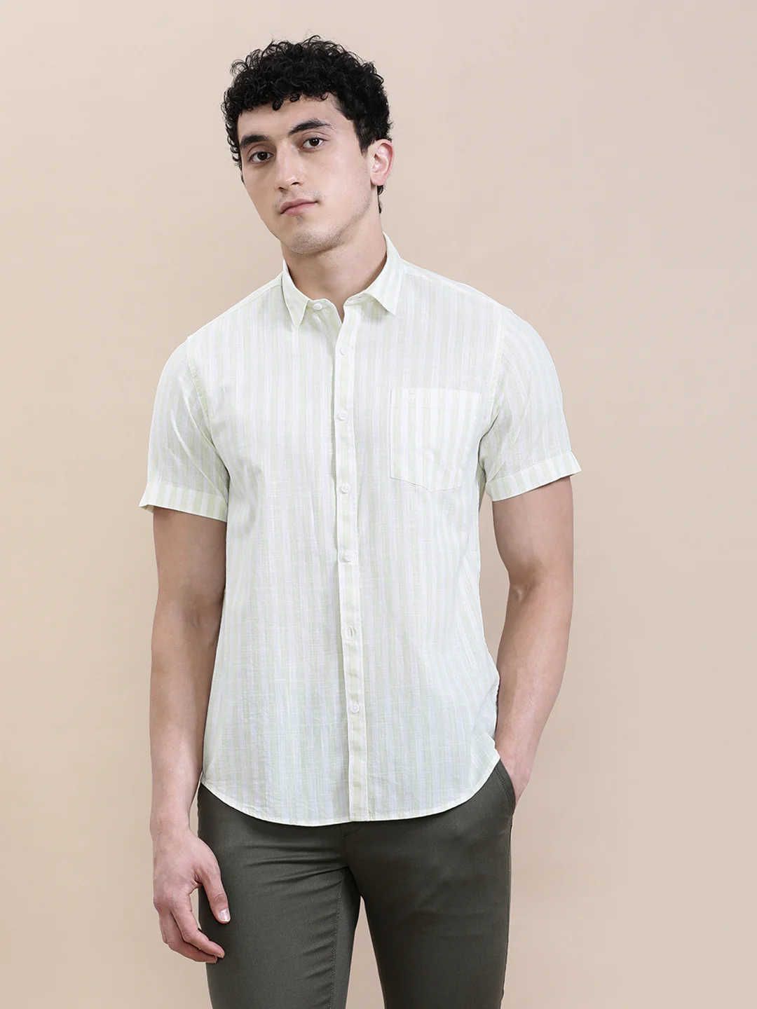 Stripe Textured Comfort Fit Green Shirt