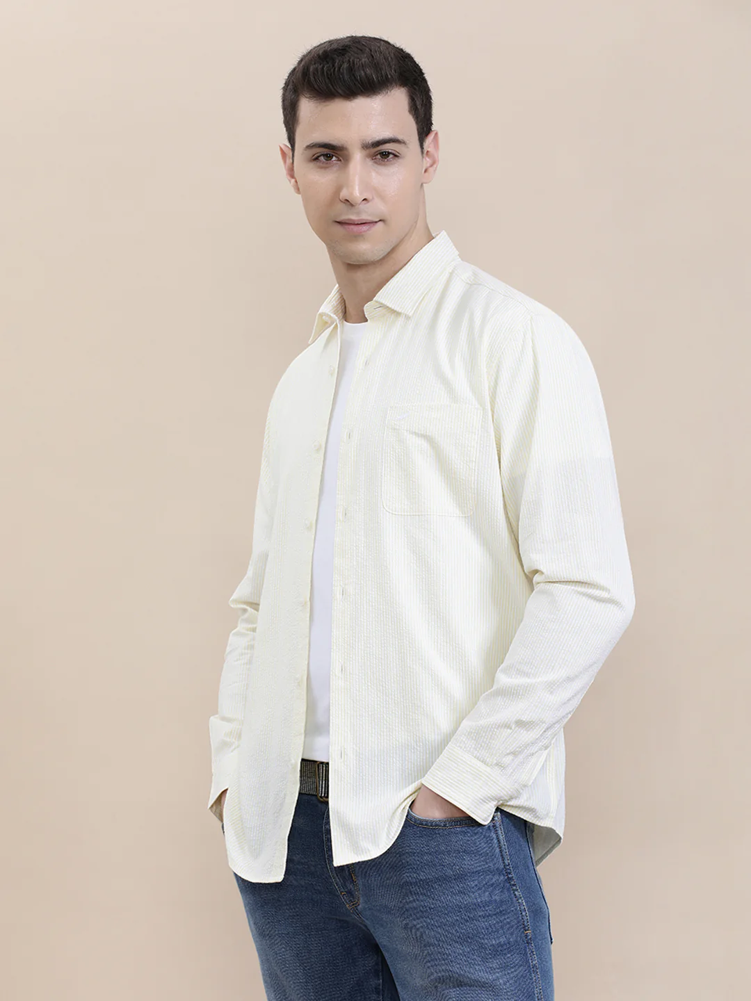 Crinkle Textured Pin Stripe Yellow Shirt