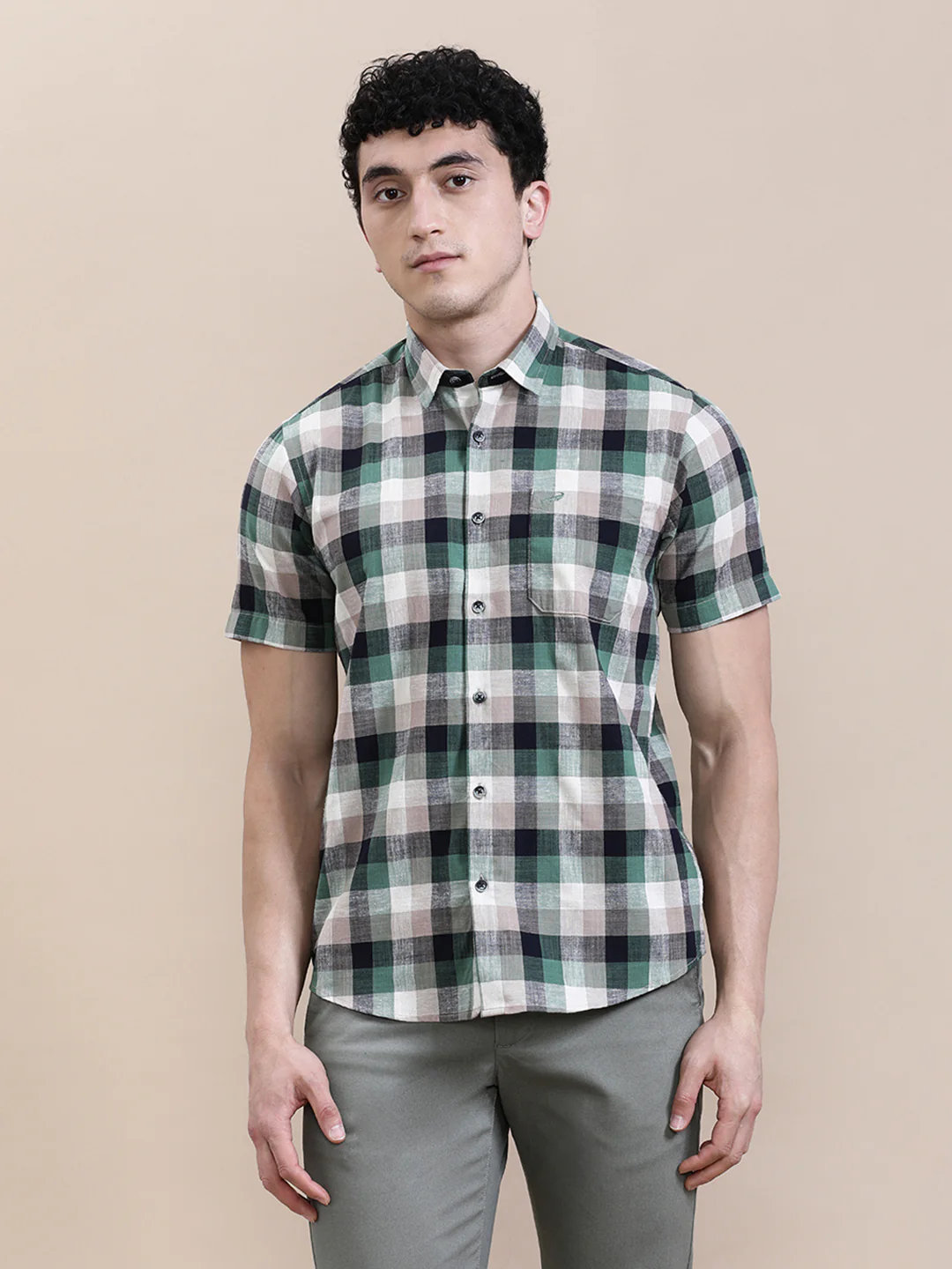 Casual Green Checkered Half Sleeve Shirt