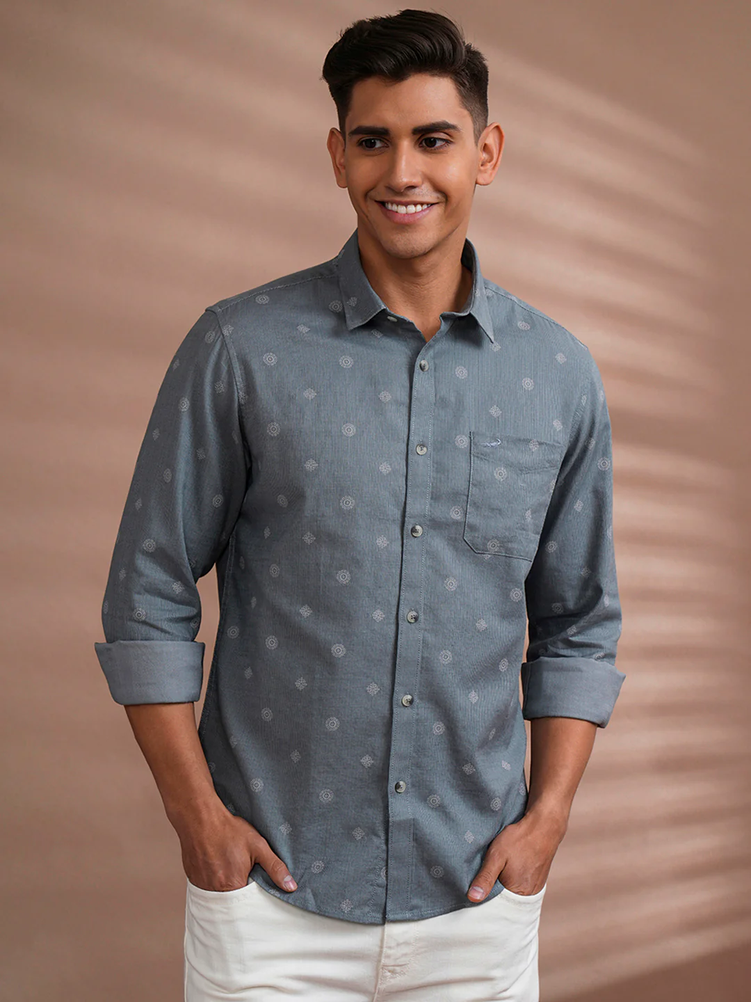 Cotton Motif Print Shirt Grey