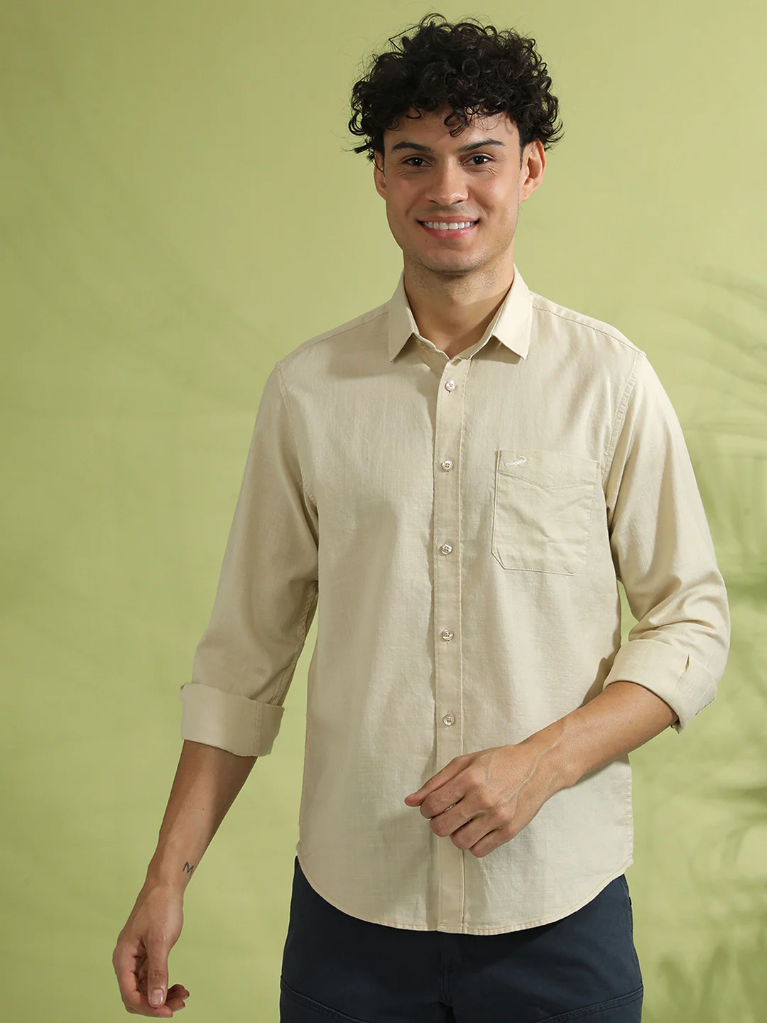 100% Cotton Textured Casual Shirt Cream