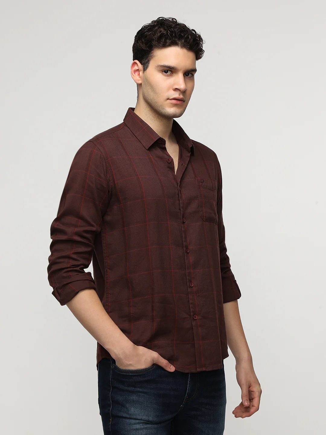 Maroon Windowpane Soft Finish Checks Shirt