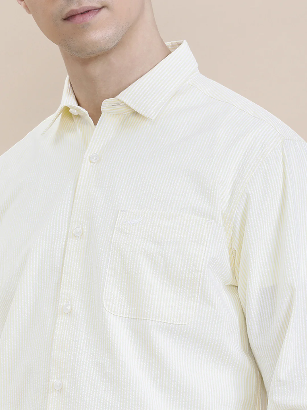Crinkle Textured Pin Stripe Yellow Shirt