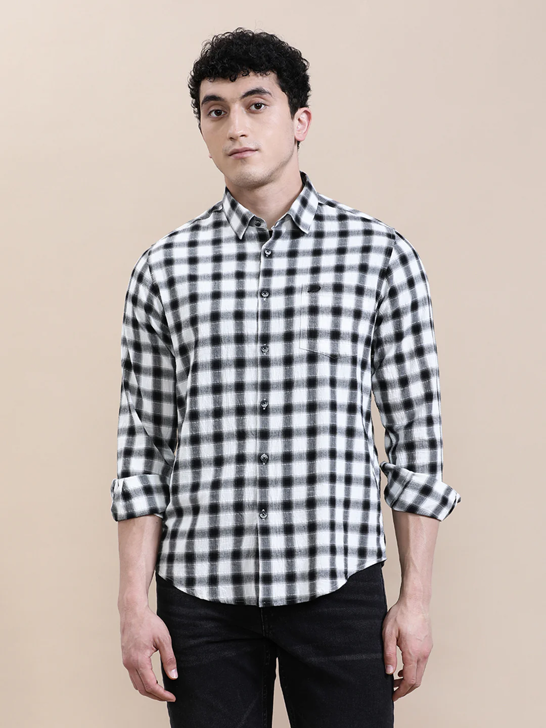 Crinkled Effect Checked Full Sleeve Shirt