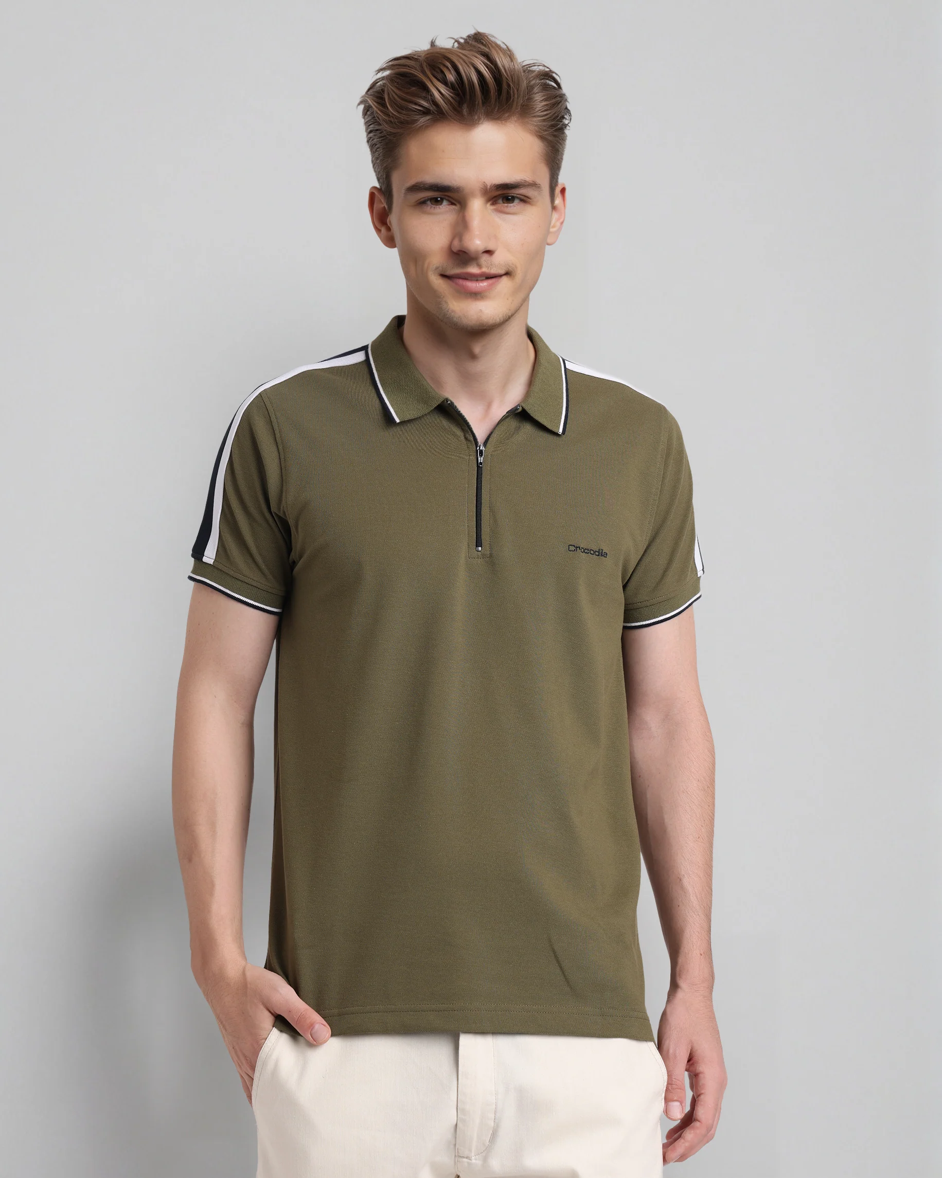 Trendy Stretch Zipper Polo with Tape in Olive