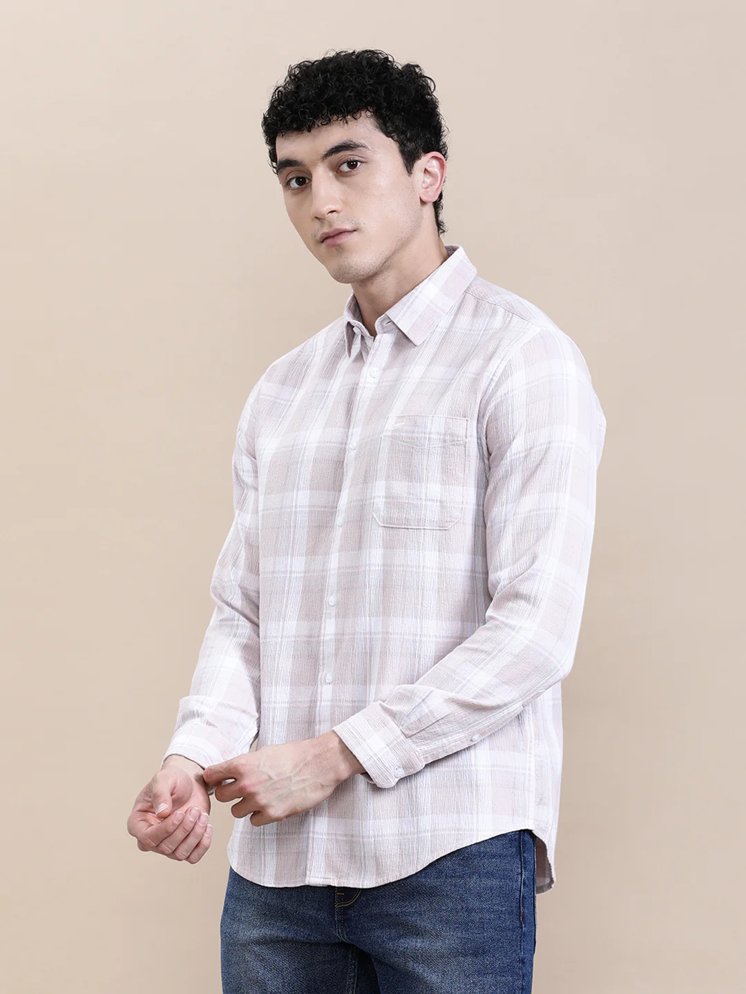 Textured Pink Checkered Comfort Fit Shirt