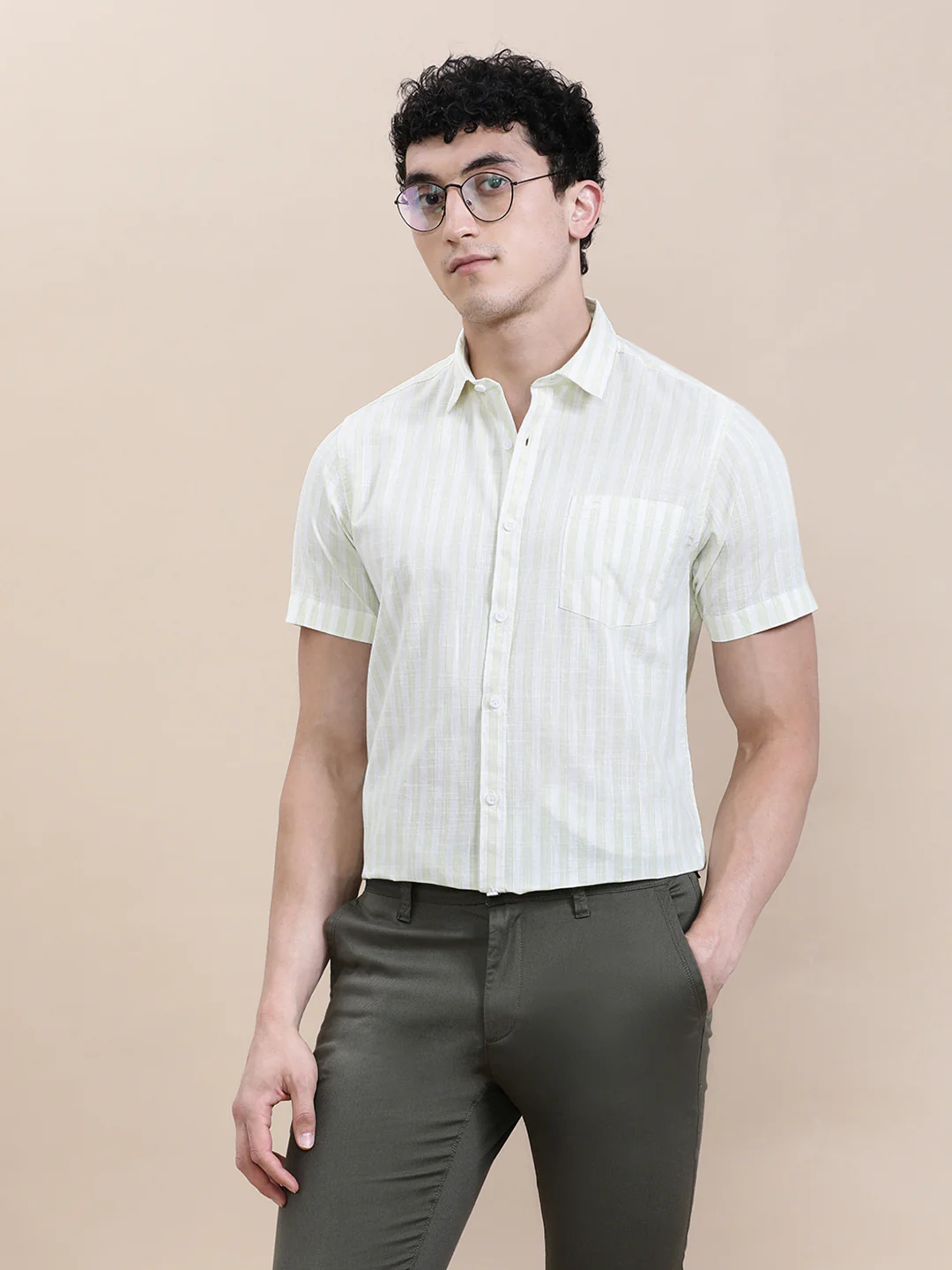 Stripe Textured Comfort Fit Green Shirt