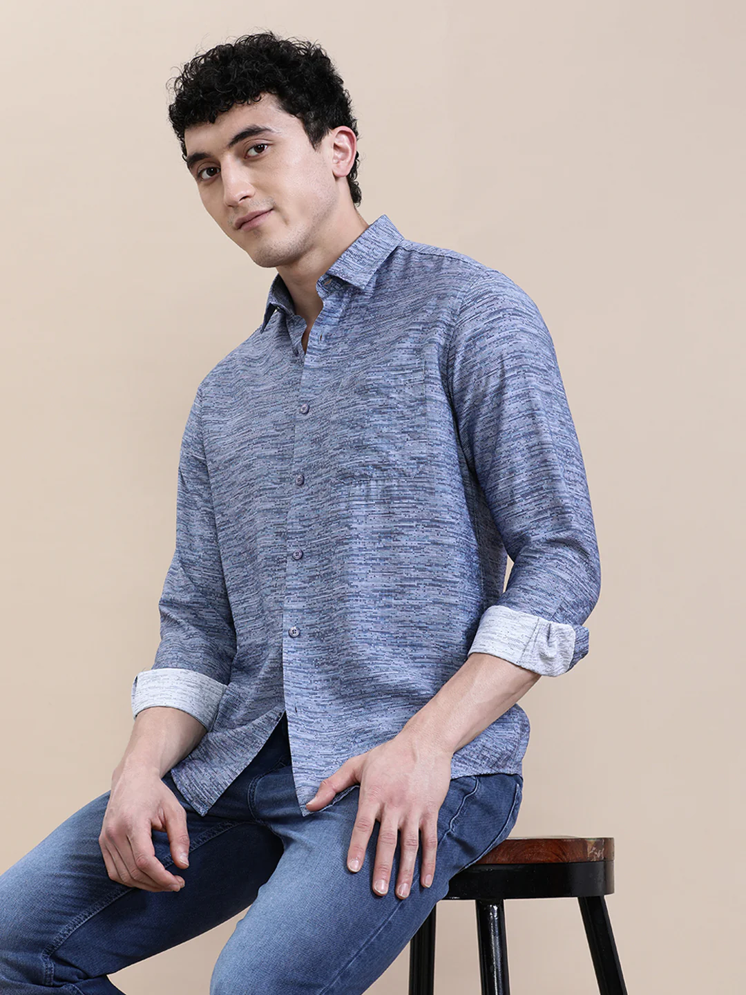 Blue Printed Crinkled Effect Fluid Shirt