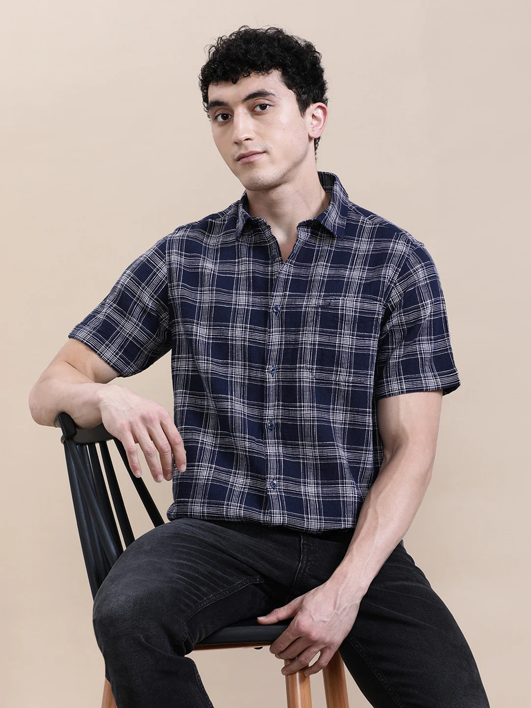 Cotton Textured Checked Half Sleeve Shirt Navy