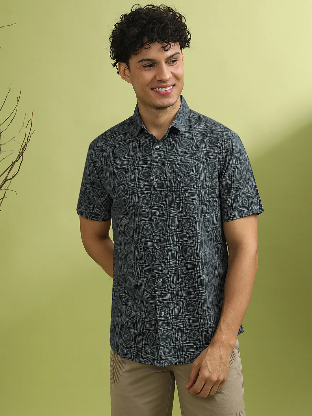 Grey Printed Half Sleeve 100% Cotton Shirt